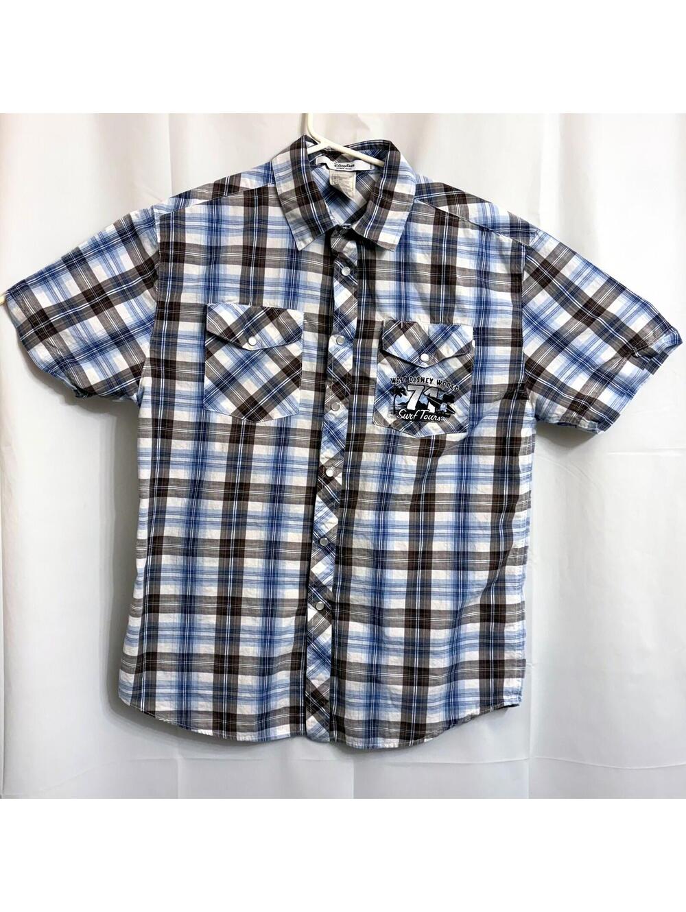 Walt Disney World Men's M Plaid Button Snaps Down Shirt '71 Surf Tours